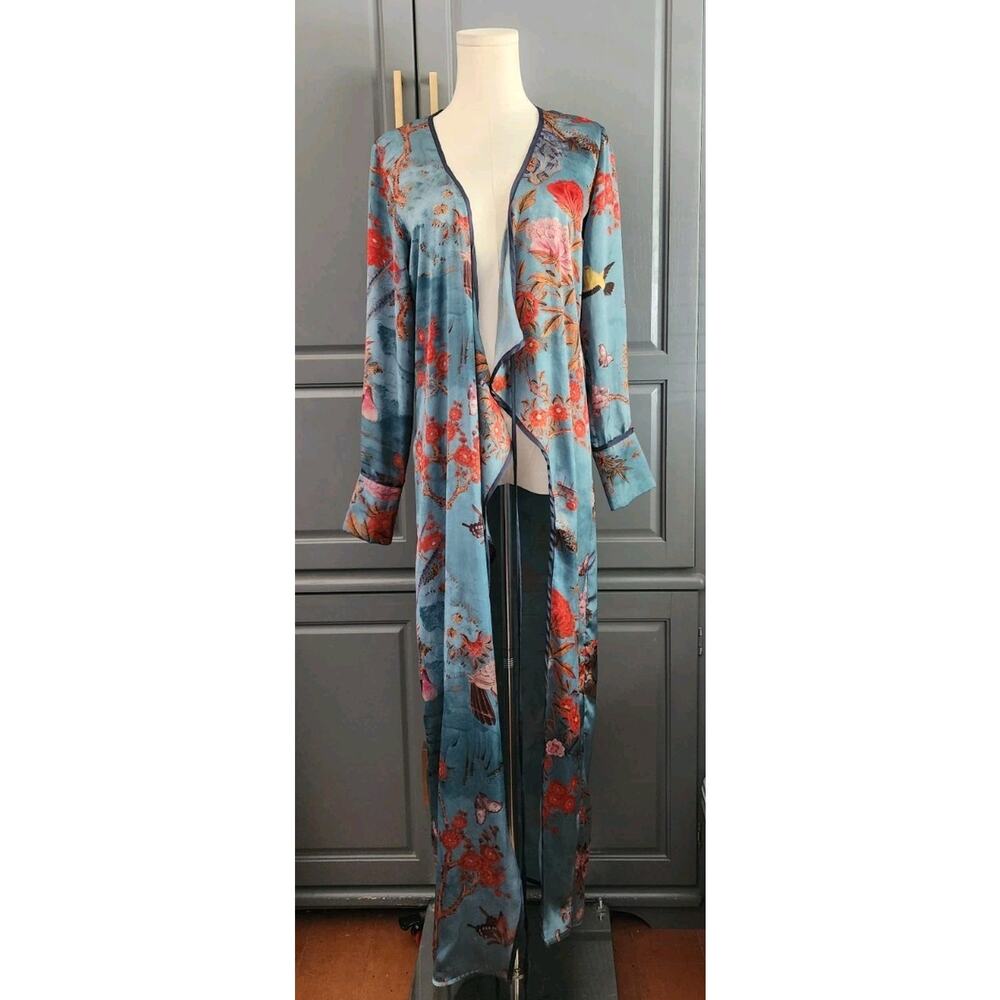 ZARA Teal Asian Inspired Kimono Long Wrap Duster Size Small 2740/745 - Picture 3 of 8